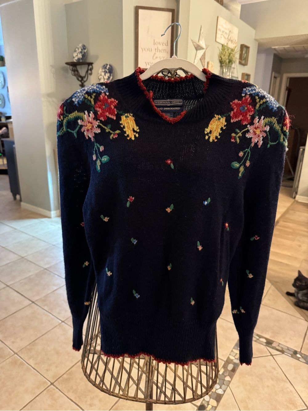 Vintage Herman Geist Hand Embroidered Wool Blend Floral Sweater Navy Medium
